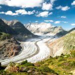 Scenic view on Great Aletsch Glacier in Switzerland with blue sk